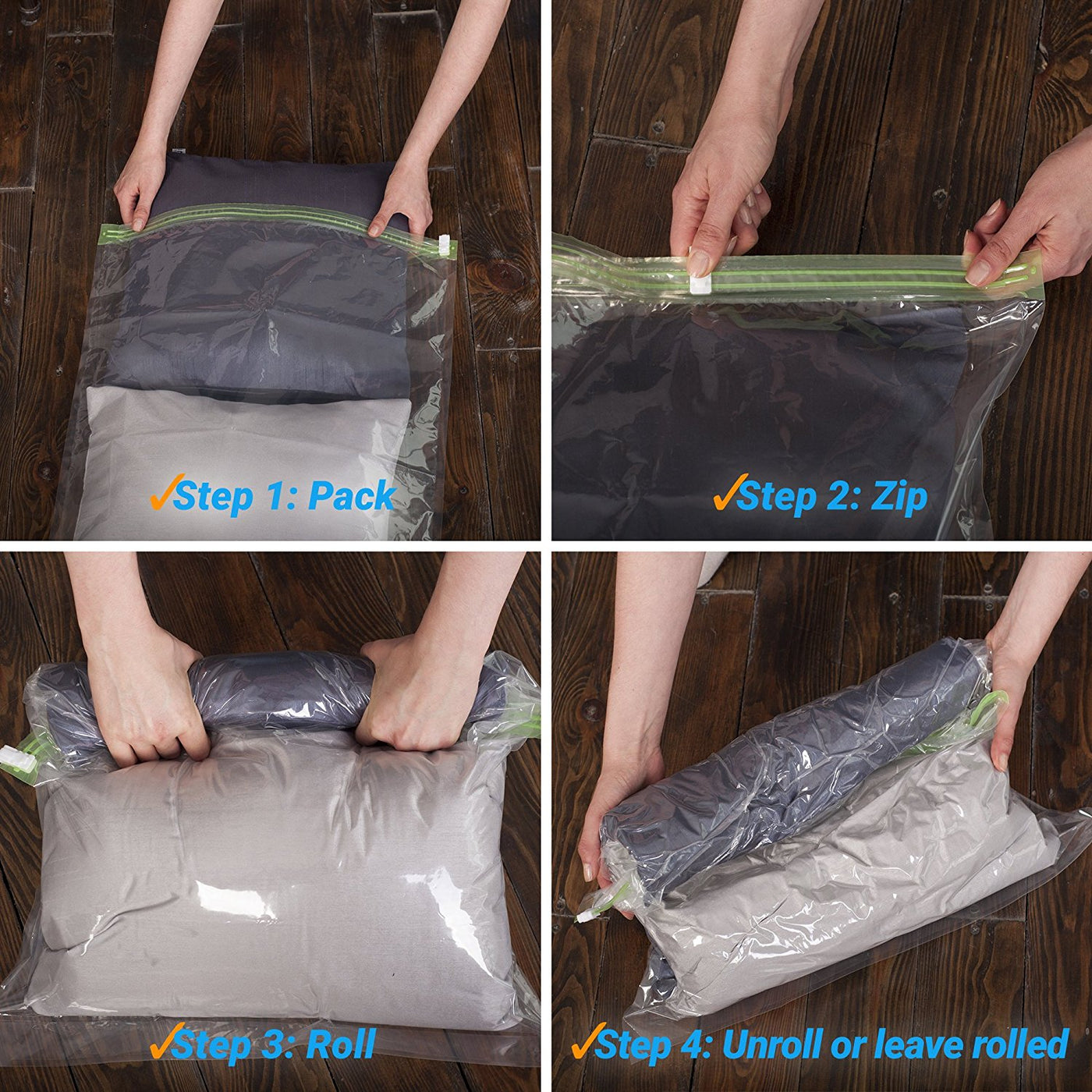  RoomierLife 8 Travel Space Saver Bags. Pack of 8 Bags, size  Medium to Large. Roll-Up Compression Storage (No Vacuum Needed) & Packing  Organizers. Perfect for Travel and Home Storage : Home